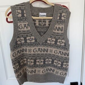 Ganni V-Neck Sweater Vest in Gray and Cream